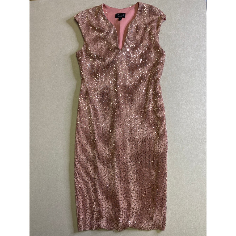 Connected Apparel Rose Gold Sequin Sheath Dress Cap Sleeve V-Neck Midi Size 12 - Picture 2 of 10